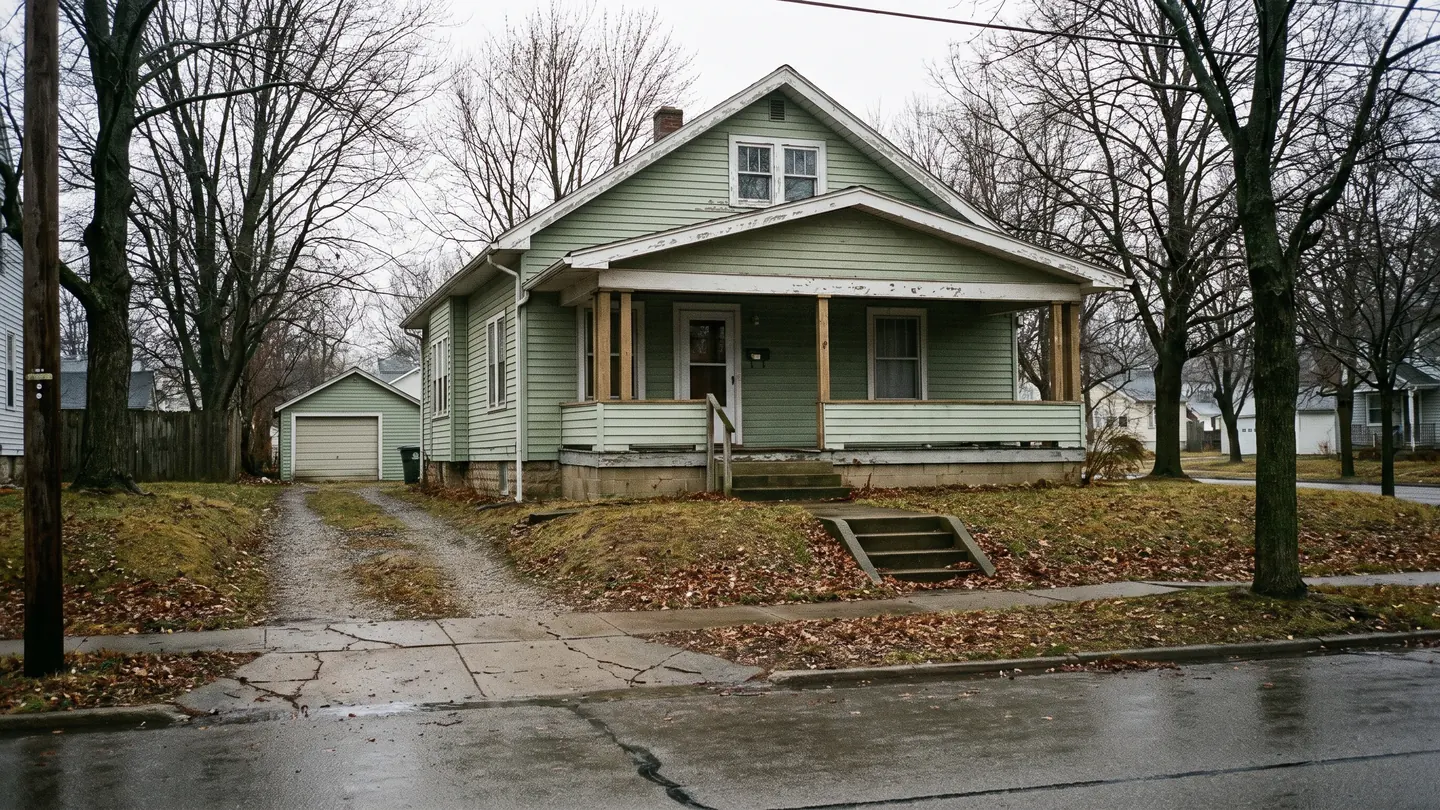 A 1930s pale green wood sided bungalow with a covered front porch and a detached garage on a damp autumn street, typical of everyday residential Akron, Ohio