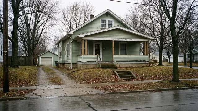 A 1930s pale green wood sided bungalow with a covered front porch and a detached garage on a damp autumn street, typical of everyday residential Akron, Ohio
