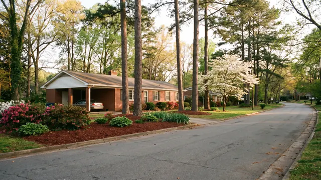 A brick ranch house with a carport, azaleas and a flowering dogwood among tall pines, typical of everyday residential Charlotte, North Carolina