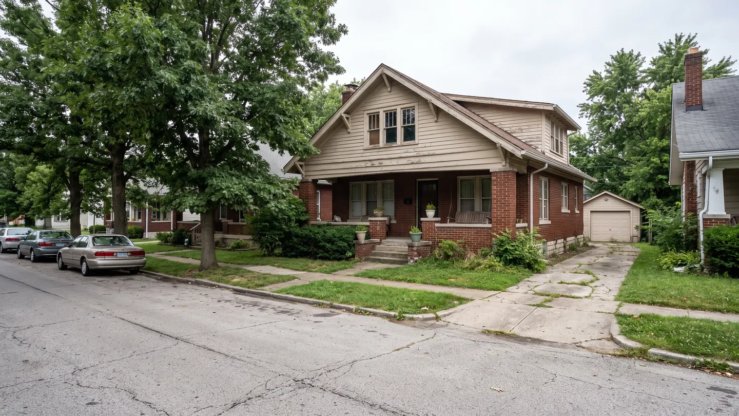 A 1920s brick bungalow with a covered front porch and a detached garage, mature shade trees along the street, typical of everyday residential Indianapolis, Indiana