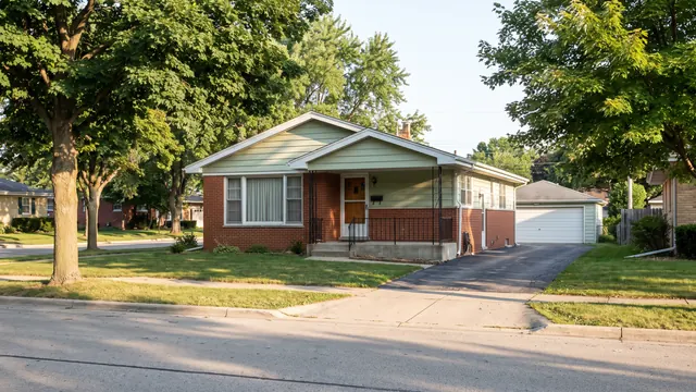 A 1950s brick and siding ranch house with a low front stoop and a detached garage on a flat tree lined street, typical of everyday residential neighbourhoods in the Kansas City area