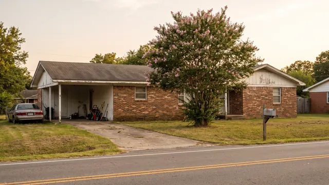 A single storey brick ranch house with a carport and a flowering crepe myrtle in the front yard, typical of everyday residential Memphis, Tennessee